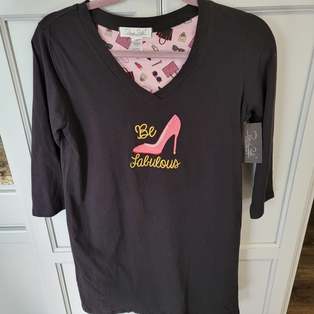 Rene Rofe BE FABULOUS Black Pajama Sleepshirt New NWT Size Small Embroidered
